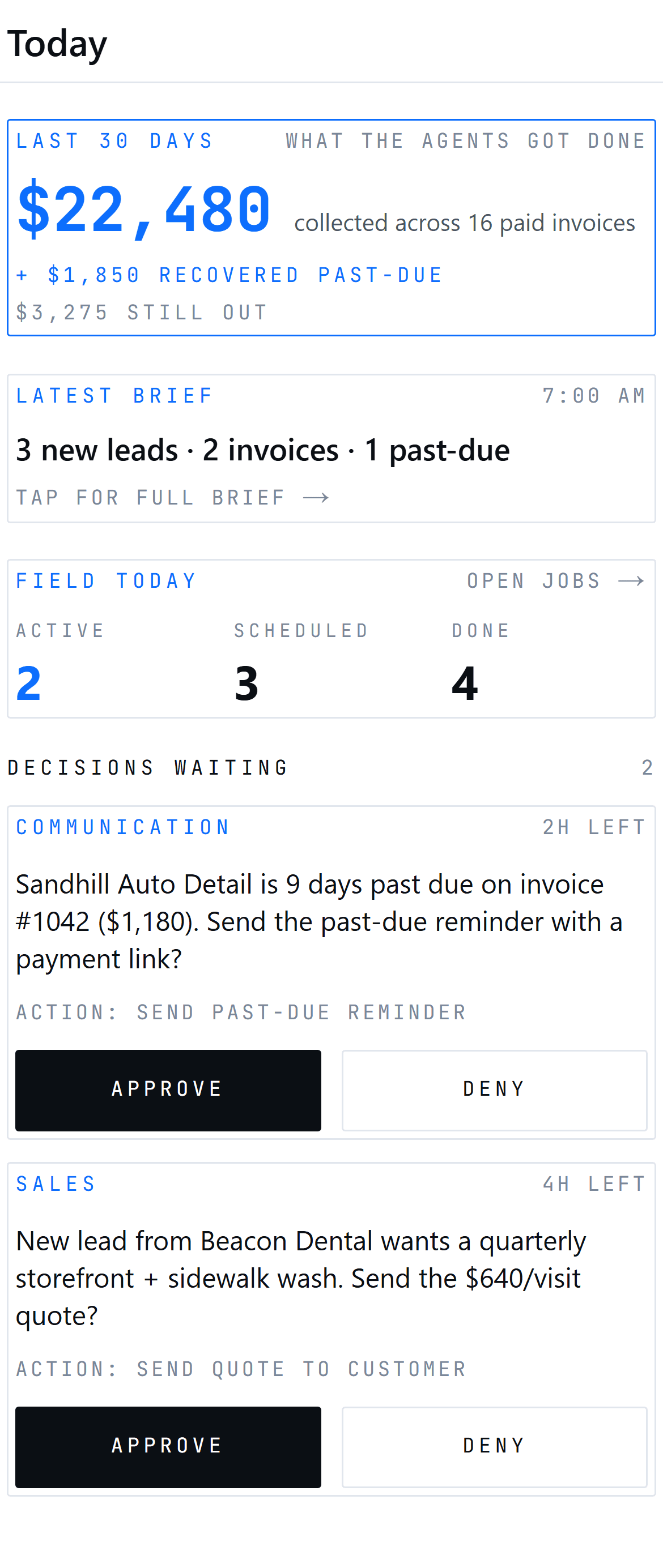 The Automic Trades morning brief on a phone: $22,480 collected across 16 paid invoices, a 9-day past-due reminder waiting on the owner's approval, and the day's field jobs