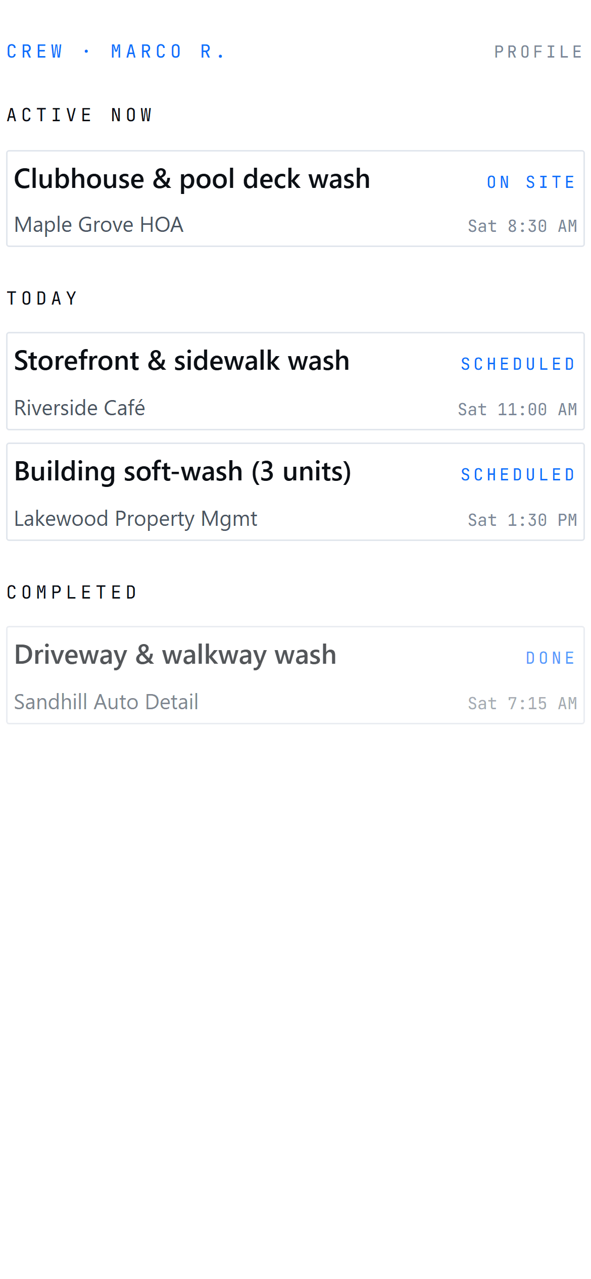 The Automic Trades crew phone app: a field tech's day — a clubhouse and pool-deck wash on-site, two more jobs scheduled, one completed